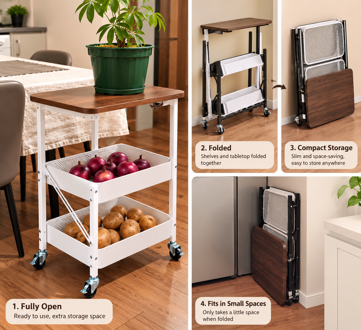 White foldable rolling storage cart with wooden tabletop, two metal baskets and four wheels