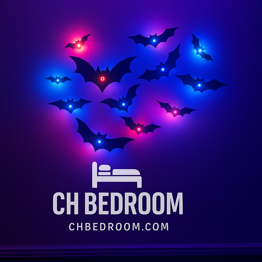 12 Halloween decoration 3D led bats blue and red on a wall. #canada #montreal #canadahalloween #montrealhalloween #quebec #halloweendecoration #ledbats #halloweendecorationcanada #indoordecoration #homedecoration