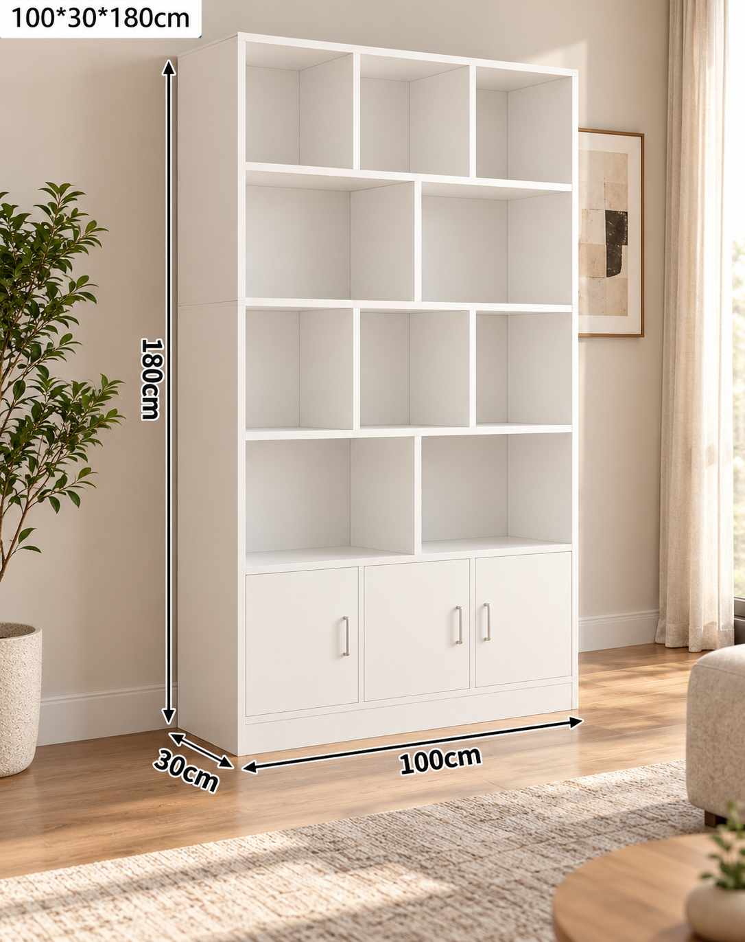 Modern 180cm Bookcase with Storage Cabinets – Warm White