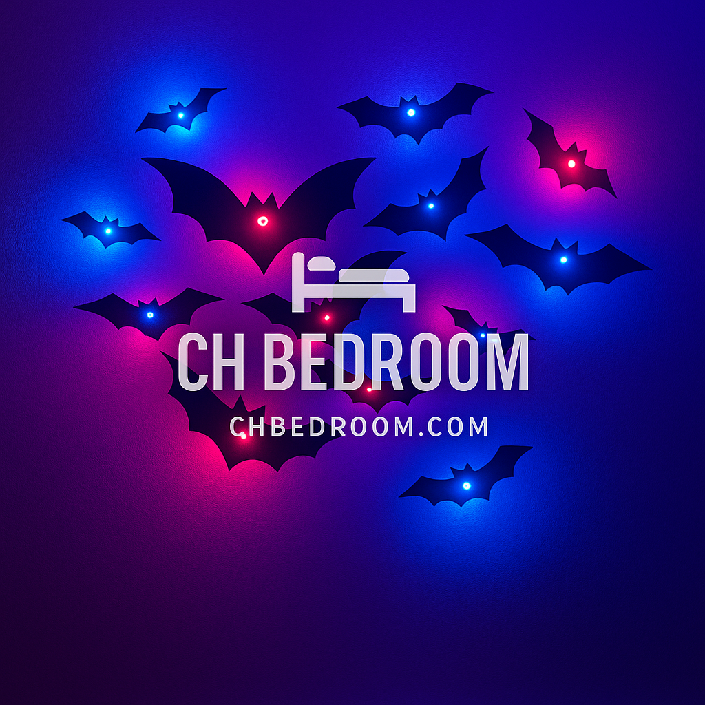Halloween-themed 3D led bats (blue and red) with and 'CH Bedroom' branding on a dark background. #halloween #canada #montreal #quebec #ontario #ottawa #halloweendecoration #halloweencanada #halloweendecorationcanada #ledbats #halloweenledbats #canadianhalloweendecoration #indorrdecoration #home