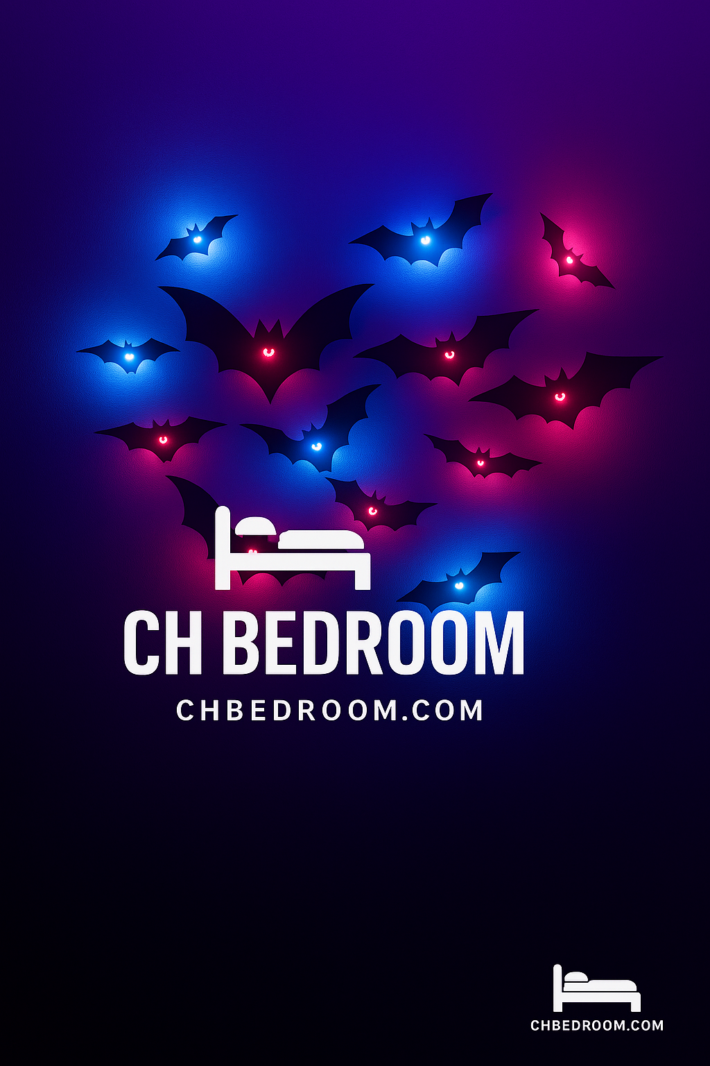 Bedroom decor with 3D bat-shaped lights on a dark background, featuring the brand 'CH Bedroom'. #canada #montreal #quebec #ottawa #halloween #halloweencanada #canadadecorationhalloween #ledbats #halloweenledbats