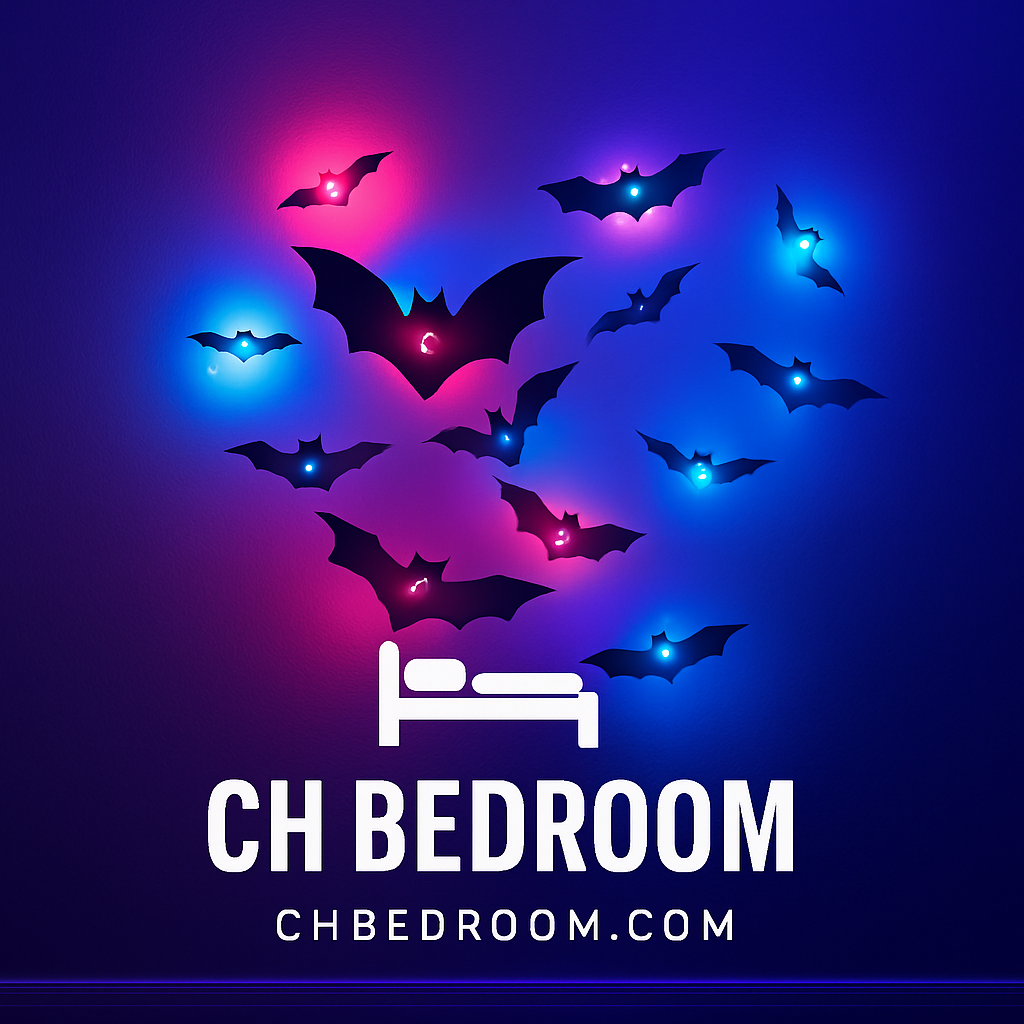 Decorative wall art with 12 led bats on a dark background, featuring the brand 'CH Bedroom'. #canada #montreal #quebec #ottawa #ontarion #halloween #decoration #home #homedecoration #halloweenhome #halloweenhomedecoration #canadashopping #canadahalloweenproduct #halloweendecorationincanada