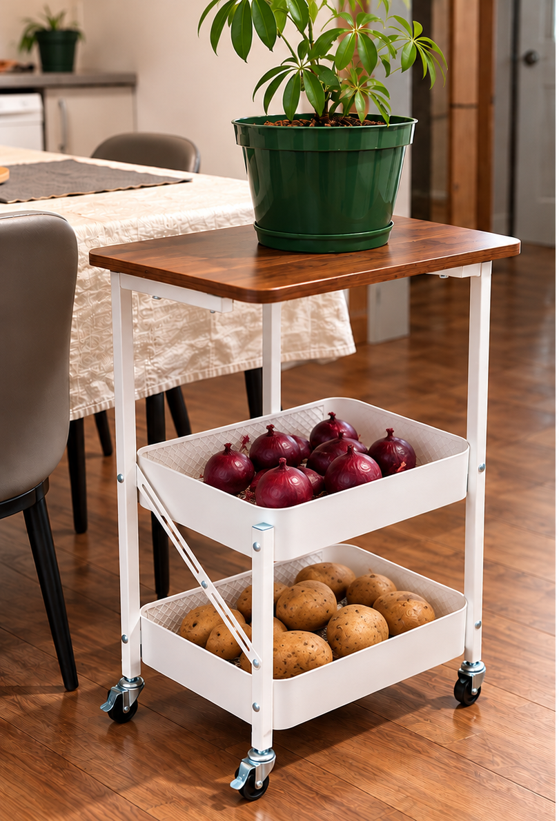 White metal storage trolley with wooden tabletop, two baskets and four lockable caster wheels