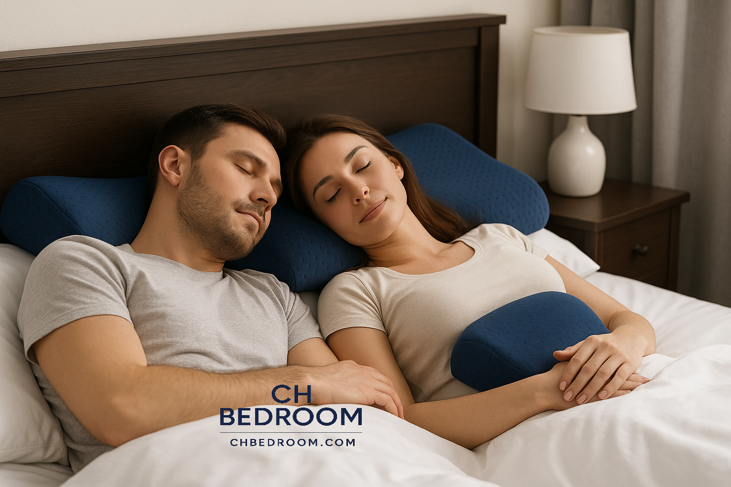 Couple sleeping in bed with blue contour memory foam sleeping pillows, CH Bedroom logo visible
#canada #sleepingpillow #memoryfoampillow #sleeping #canadahomes #bedroom #decoration