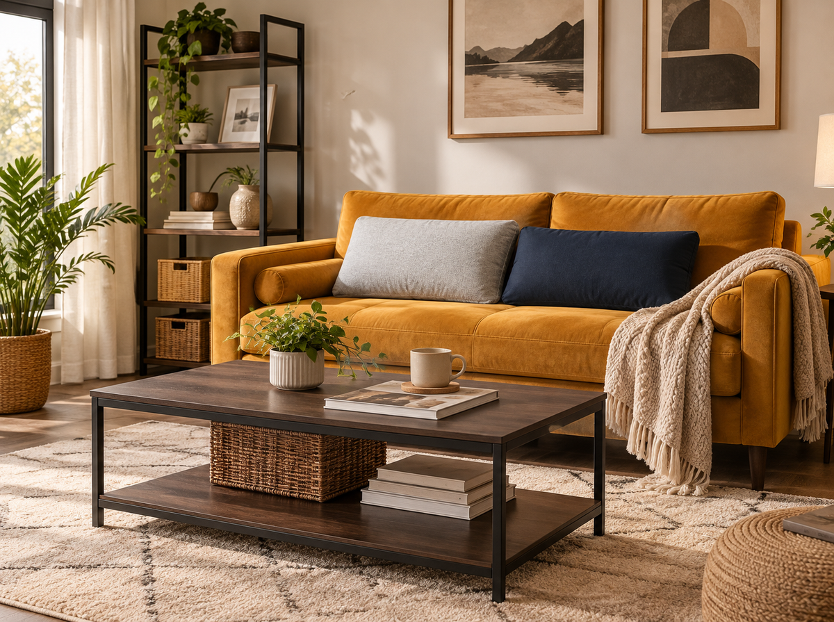 Elegant modern living room featuring a turmeric yellow velvet sofa with navy blue and light gray pillows, a dark wooden coffee table with black metal frame, warm lighting, and cozy home décor by CH Bedroom.