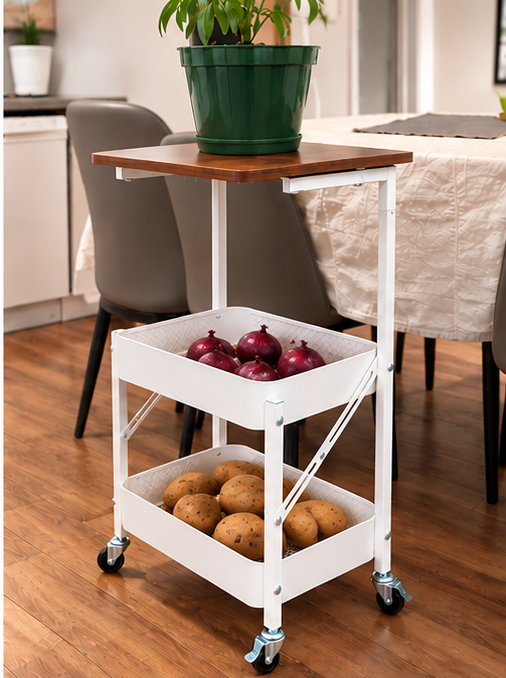 Three-tier storage cart folded into a compact upright position for easy storage