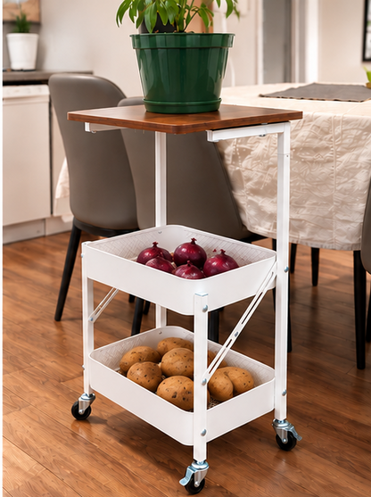 Three-tier storage cart folded into a compact upright position for easy storage