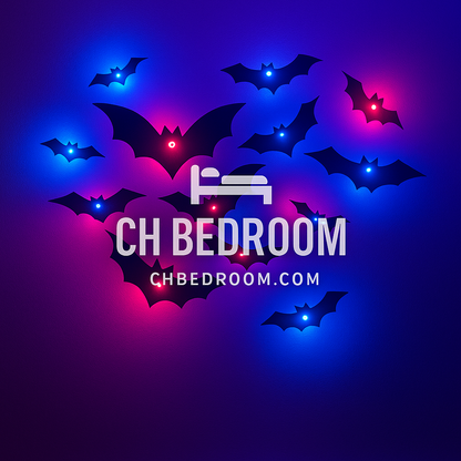 Halloween-themed 3D led bats (blue and red) with and 'CH Bedroom' branding on a dark background. #halloween #canada #montreal #quebec #ontario #ottawa #halloweendecoration #halloweencanada #halloweendecorationcanada #ledbats #halloweenledbats #canadianhalloweendecoration #indorrdecoration #home 
