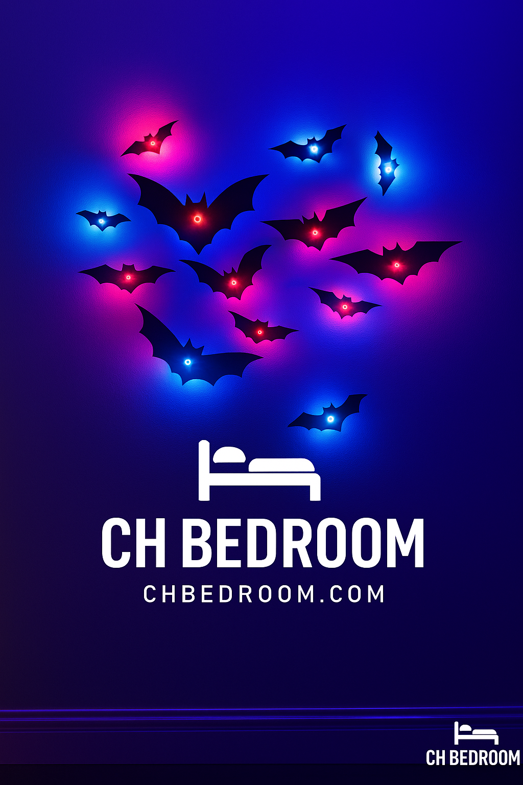 Decorative wall lights shaped like bats on a dark blue background with 'CH Bedroom' branding. #canada #montreal #shopcanada #shophalloweenproduct #halloween #halloweenproduct #halloweendecoration #canadadecoration #canadahalloweendecor #ledbats #halloweenledbat