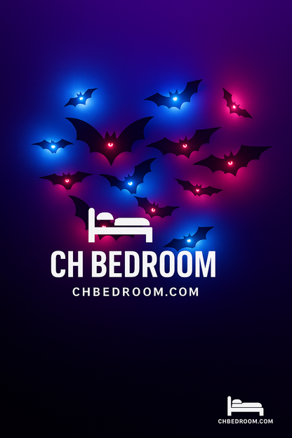 Bedroom decor with 3D bat-shaped lights on a dark background, featuring the brand 'CH Bedroom'. #canada #montreal #quebec #ottawa #halloween #halloweencanada #canadadecorationhalloween #ledbats #halloweenledbats 