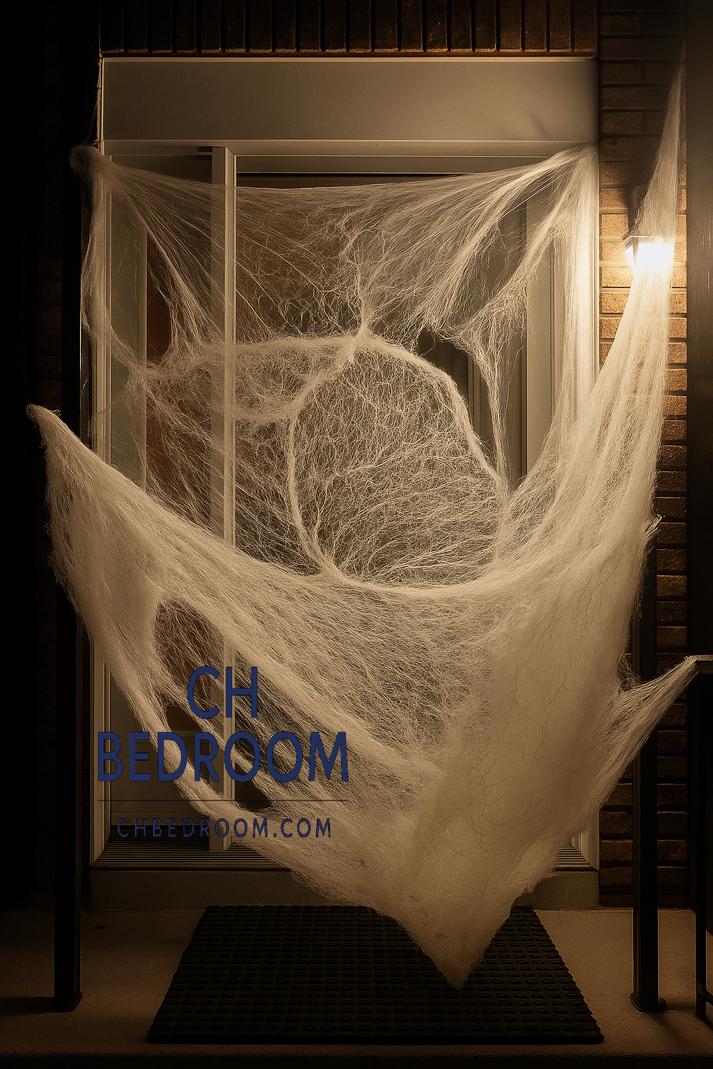 Spider web decoration on the porch of a house blocking the entrance with 'CH BEDROOM' branding in the middle. #spiderwebdecoration #spiderweb #halloweenspiderweb #canadahalloween #canadaspiderwebhalloween #halloweendecoration #halloweendecorationincanada #cheaphalloweendecoration #cheaphalloweencanada 