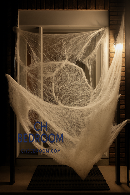 Spider web decoration on the porch of a house blocking the entrance with 'CH BEDROOM' branding in the middle. #spiderwebdecoration #spiderweb #halloweenspiderweb #canadahalloween #canadaspiderwebhalloween #halloweendecoration #halloweendecorationincanada #cheaphalloweendecoration #cheaphalloweencanada 