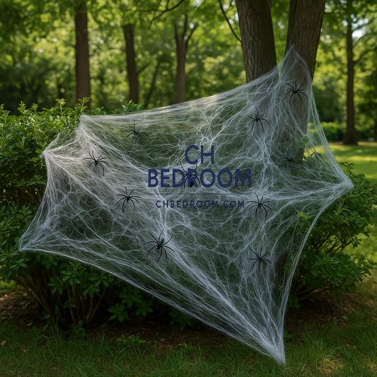 Large halloween spider web with spiders on bushes in a garden, featuring the brand 'CH Bedroom'. #halloween #canadahalloween halloweencanada #halloweenproduct #montrealhalloweendecoration #outsidehalloweendecoration #outdoorhalloween #canadaoutdoorhalloweendecoration #halloweendeco #spiderweb #canada 