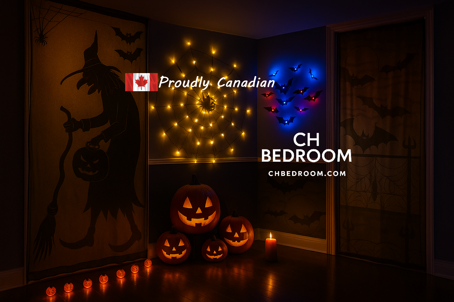 Halloween-themed bedroom with Led Bats in blue and red, a led web spider with a spider in the center, a witch curtain on the door, with a 'Proudly Canadian' sign in the middle of the picture. #canadahalloween #halloweenincanada #halloweendecorationcanada