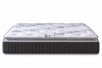 A mattress shown from the side against a plain white background, featuring a white quilted top surface with a gray patterned design and a dark gray ribbed base.