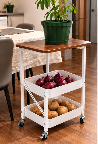 White metal storage trolley with wooden tabletop, two baskets and four lockable caster wheels