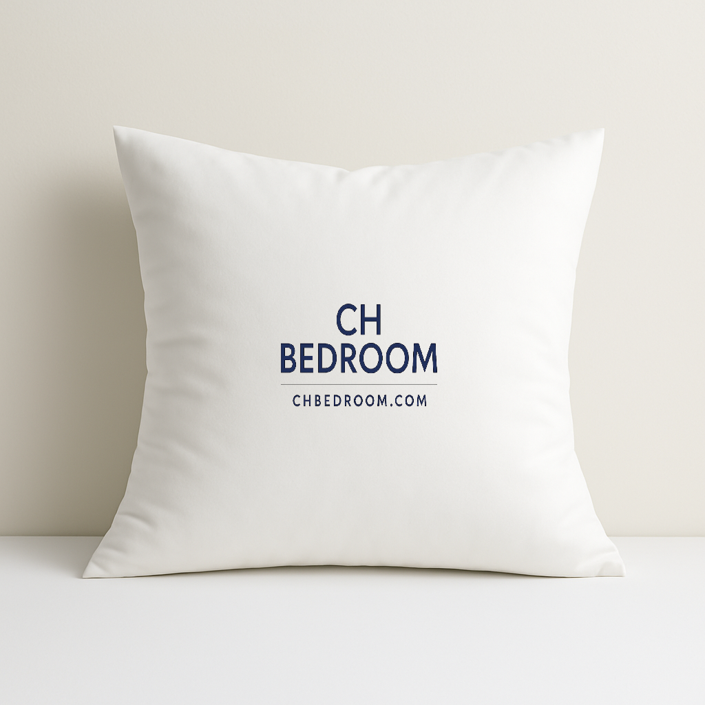 White feather sofa pillow with 'CH BEDROOM' logo on a neutral background #chbedroom #canadaproduct #pillowamazoncanada #buypillowscanada #wheretobuypillowsincanada #cheappillowincanada #cheappillow #comfortablepillow #montrealpillows #sofapillows #couchpillow 