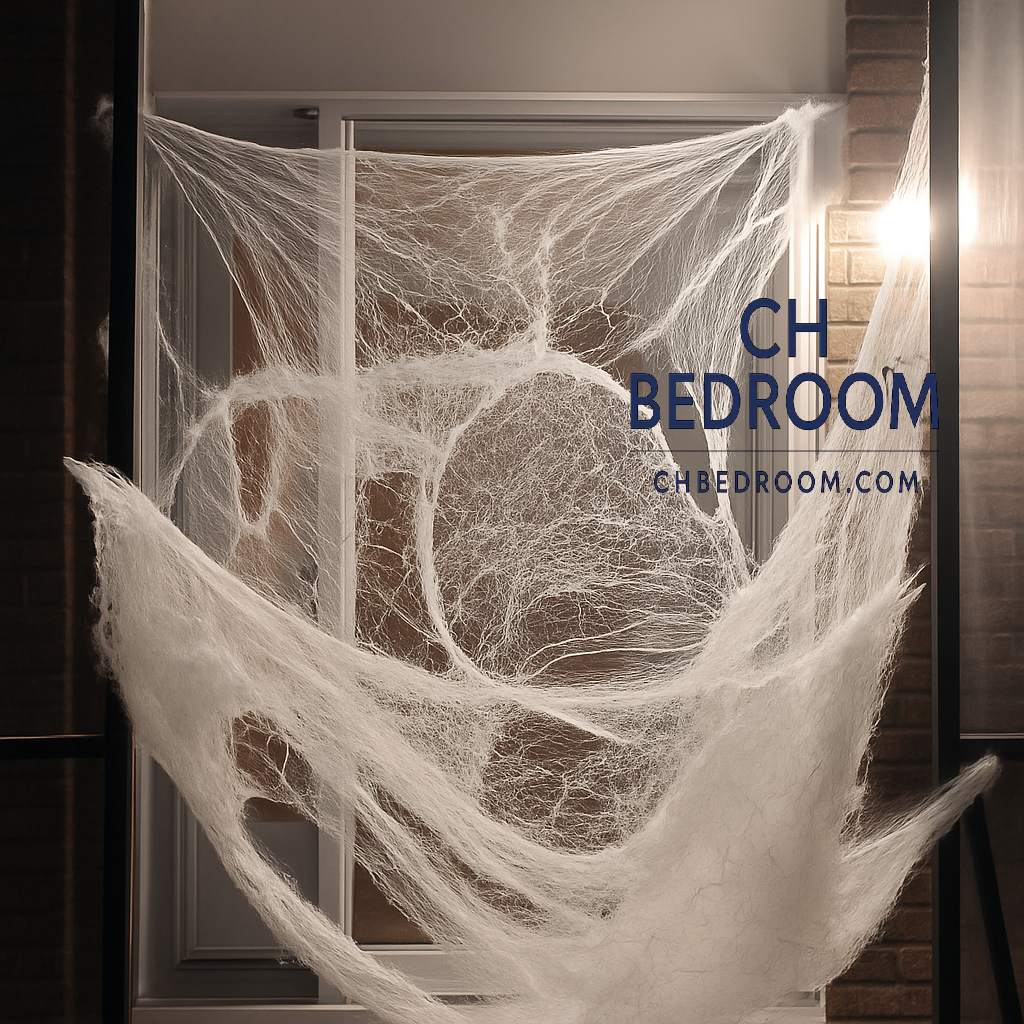 Halloween spider webs on a door with 'CH Bedroom' branding. #halloween #halloweendecoration #halloweenspidereb #canadahalloweendecoration #halloweendecorationincanada #cheaphalloweendecoration