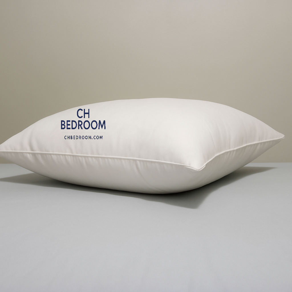 White sleeping pillow with 'CH BEDROOM' logo in blue in the centeron a neutral background.  #sleepingpillow #canadapillows #pillowmontreal #sofapillow #sofapillowcanada 
