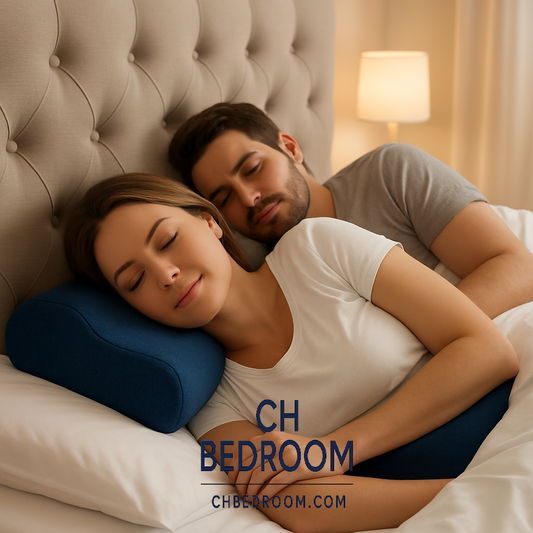 Couple lying in bed with a blue pillow, featuring 'CH Bedroom' branding.
#canada #sleeping #sleepingpillow #bedrooms #homes #house #sleepingpillow #memoryfoampillow #contourpillow
