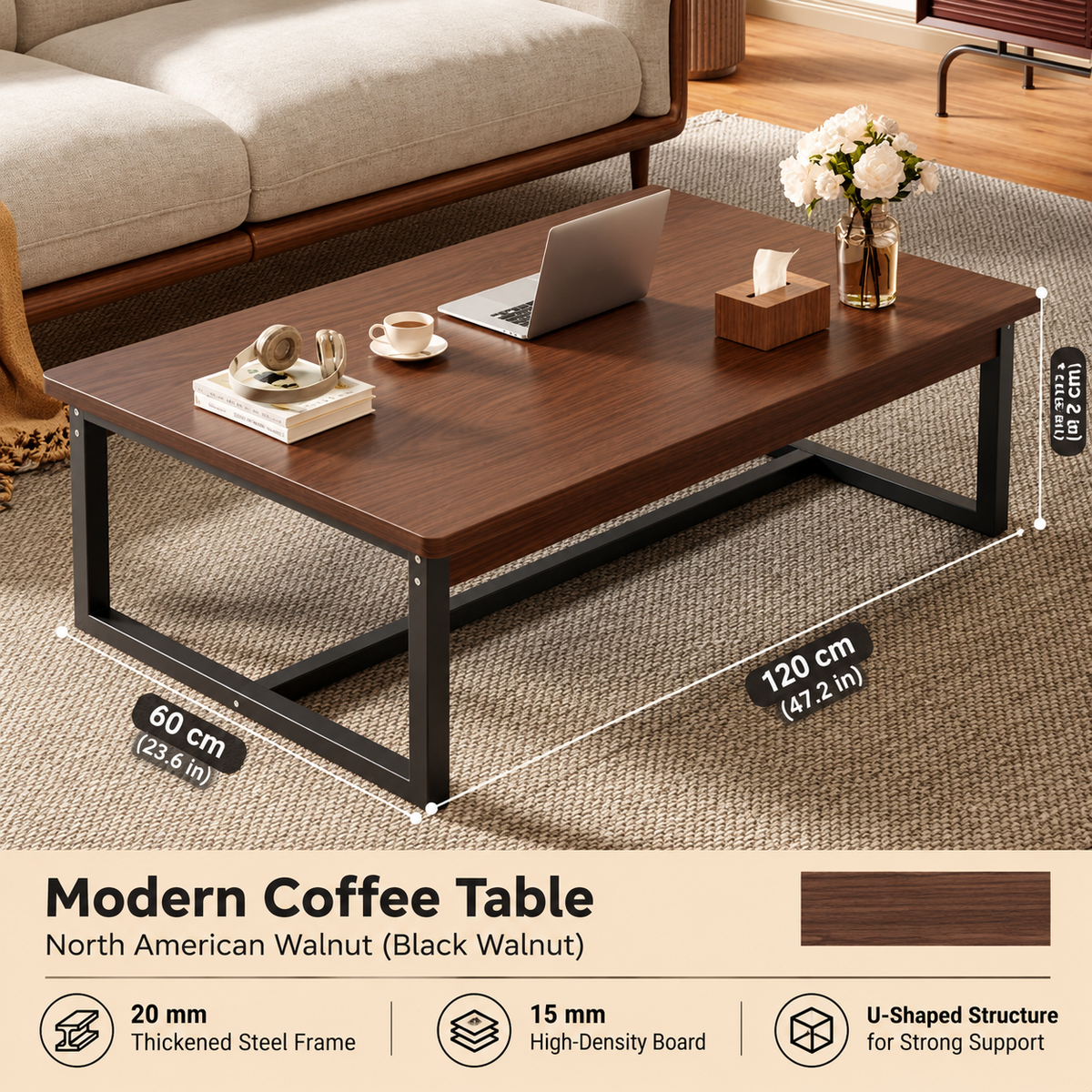 Modern Walnut Coffee Table with Black Steel Frame